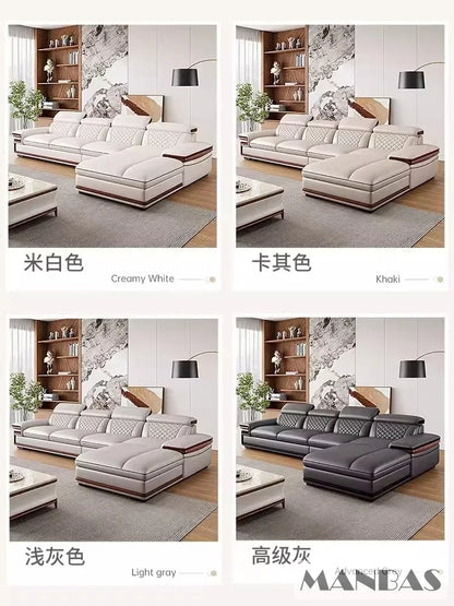 MINGDIBAO Premium Italian Genuine Leather Sofa Set for Living Room with Adjustable Headrests and Built-in Bluetooth Speaker, USB