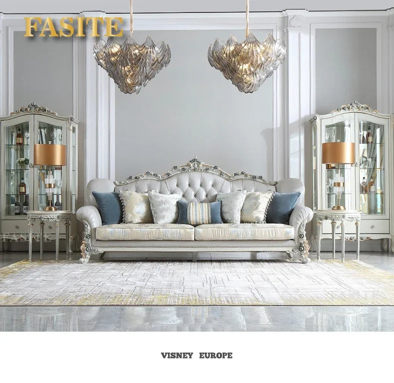 French light luxury living room large apartment first layer cowhide European solid wood carving flower three sofa combination