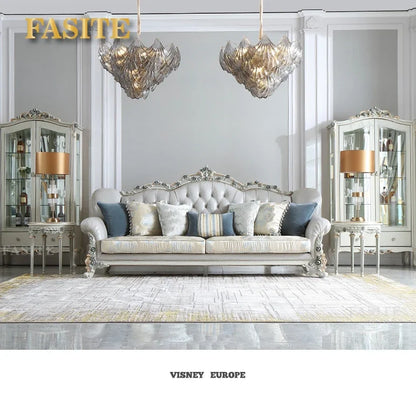 French light luxury living room large apartment first layer cowhide European solid wood carving flower three sofa combination