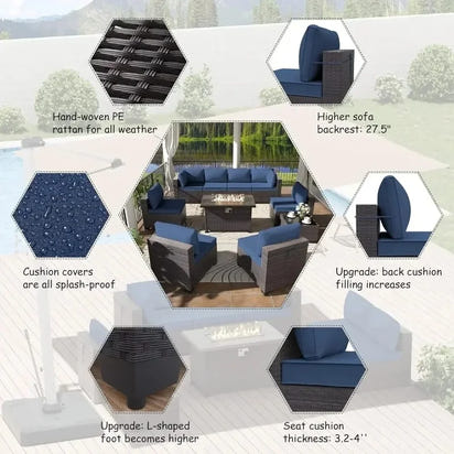 13-Piece Outdoor Furniture Set with 2 Swivel Chairs and Gas Fire Pit, Includes 10 Cushions for Patio Conversation