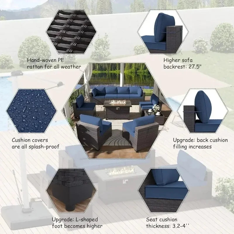 13-Piece Outdoor Furniture Set with 2 Swivel Chairs and Gas Fire Pit, Includes 10 Cushions for Patio Conversation