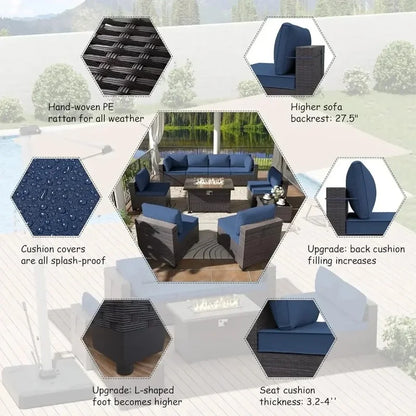 13-Piece Outdoor Furniture Set with 2 Swivel Chairs and Gas Fire Pit, Includes 10 Cushions for Patio Conversation