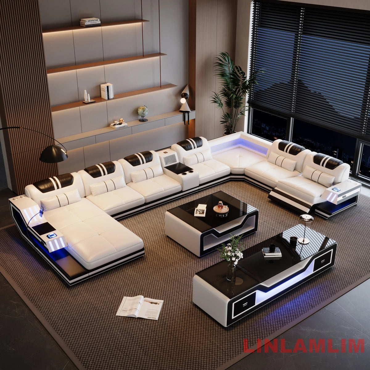 Convertible Genuine Leather Sectional Sofa Bed with Adjustable Headrests, Electric Recliners, Storage, Speakers, USB & LED Light