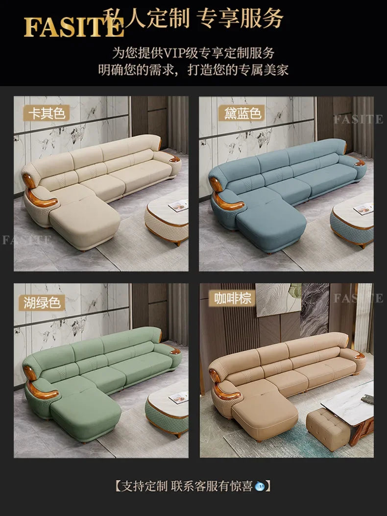 European leather sofa combination high-end living room corner luxury ebony wood first layer cowhide