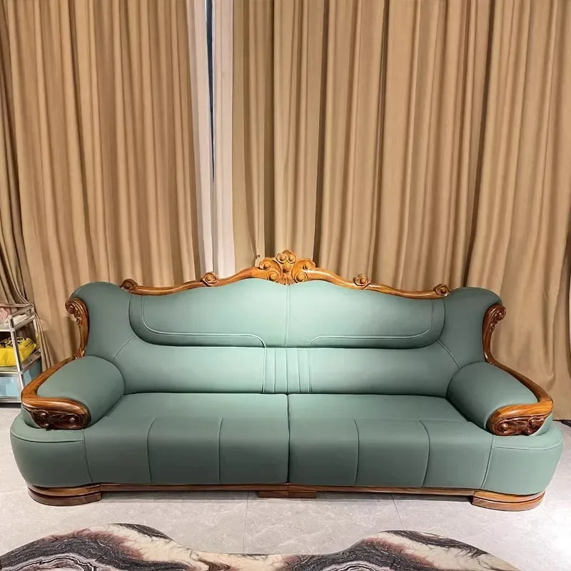 New Chinese-style simple ebony leather sofa luxury villa living room size apartment solid wood furniture corner combination