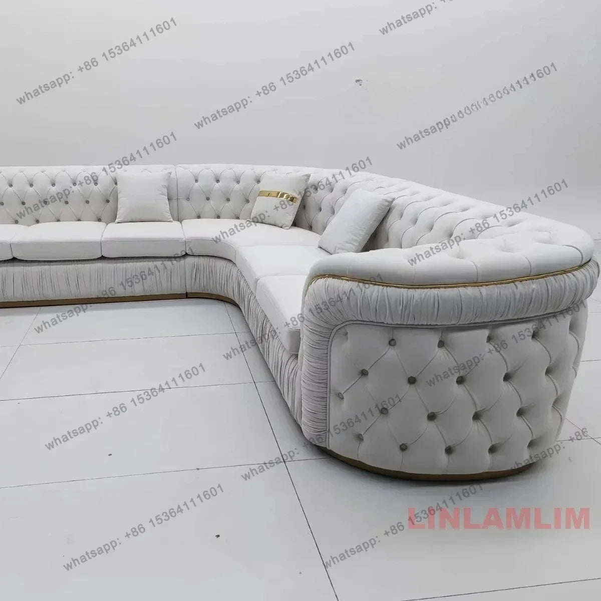 Luxury Chesterfield Sectional Sofa Set With Cloth Buttons And Fabric Modular Couch With Gold Stainless Steel Base, 3-seater