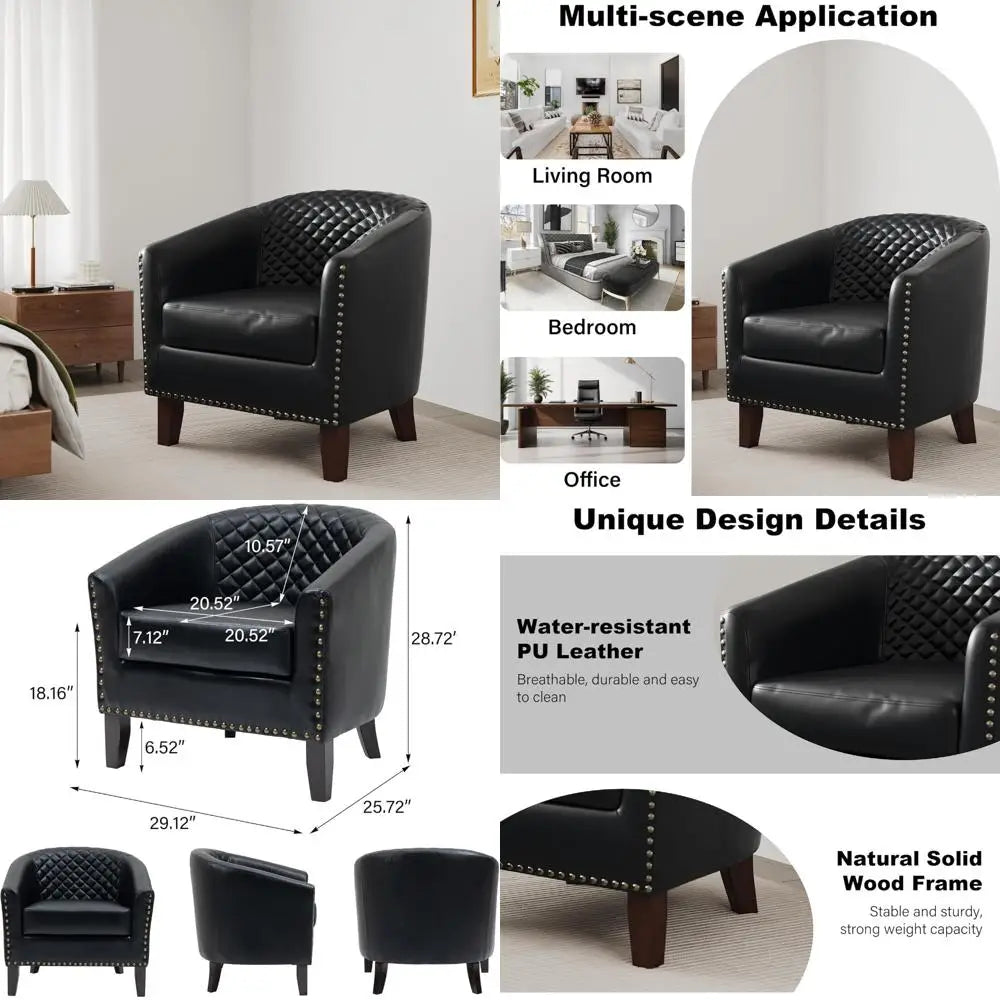 Upholstered Faux Leather Club Chair with Nailed Trim, Comfortable Reading Armchair for Living Room and Bedroom Reception
