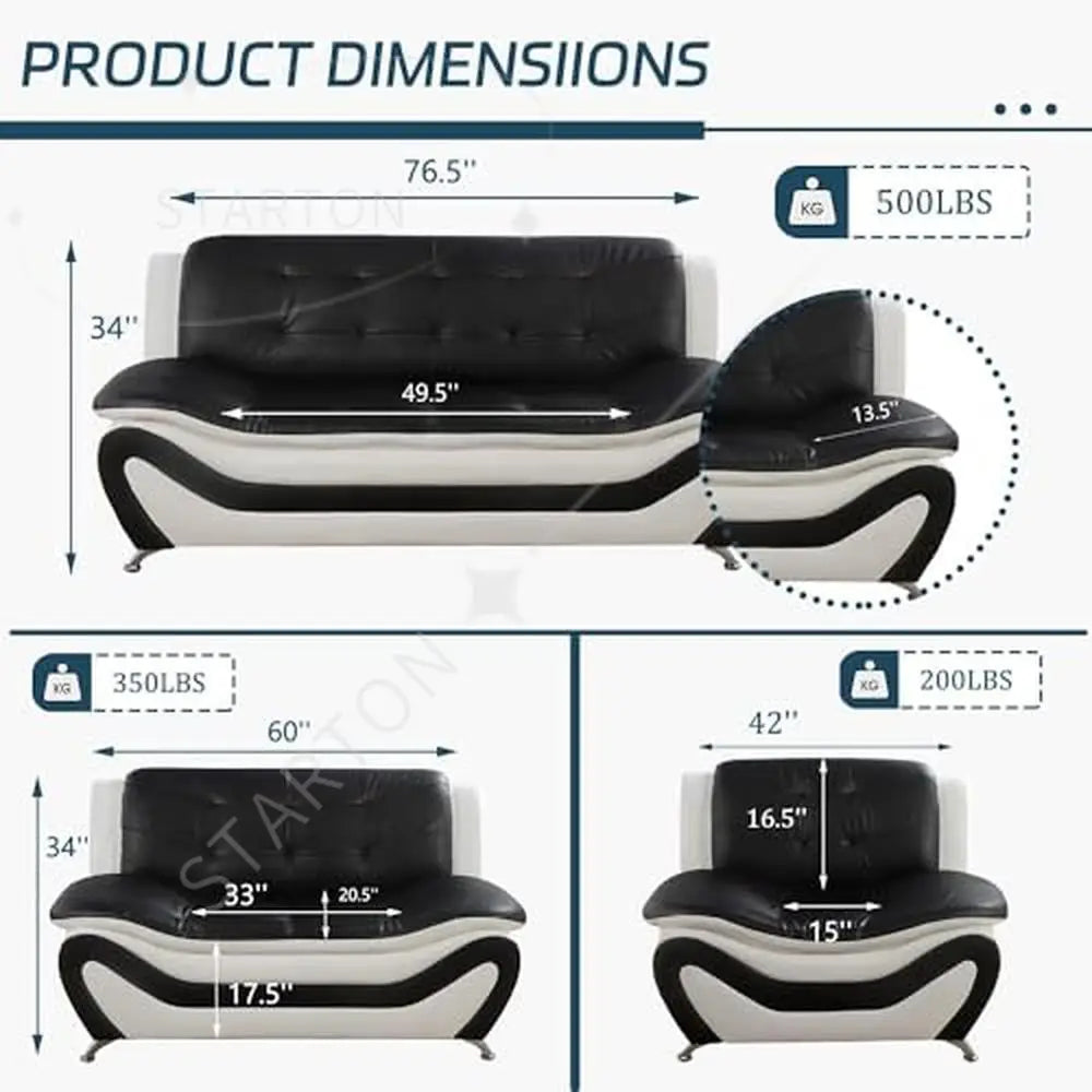 Living Room Furniture Set 3 PCS Black/White Ergonomic Design Breathable Faux Leather Upholstery Contemporary Vegan Leather Sofa