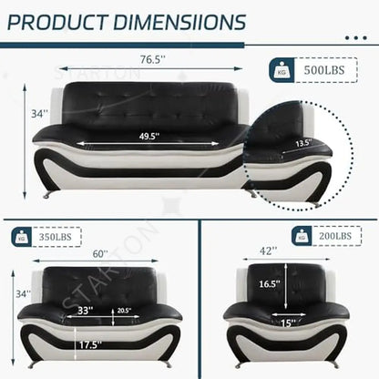 Living Room Furniture Set 3 PCS Black/White Ergonomic Design Breathable Faux Leather Upholstery Contemporary Vegan Leather Sofa