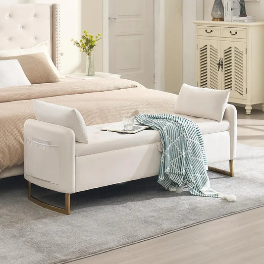 65" Storage Ottoman Bench, End of Bed Storage Bench King Size with Tufted Button Upholstered and Gold Legs, Bedroom Benches with
