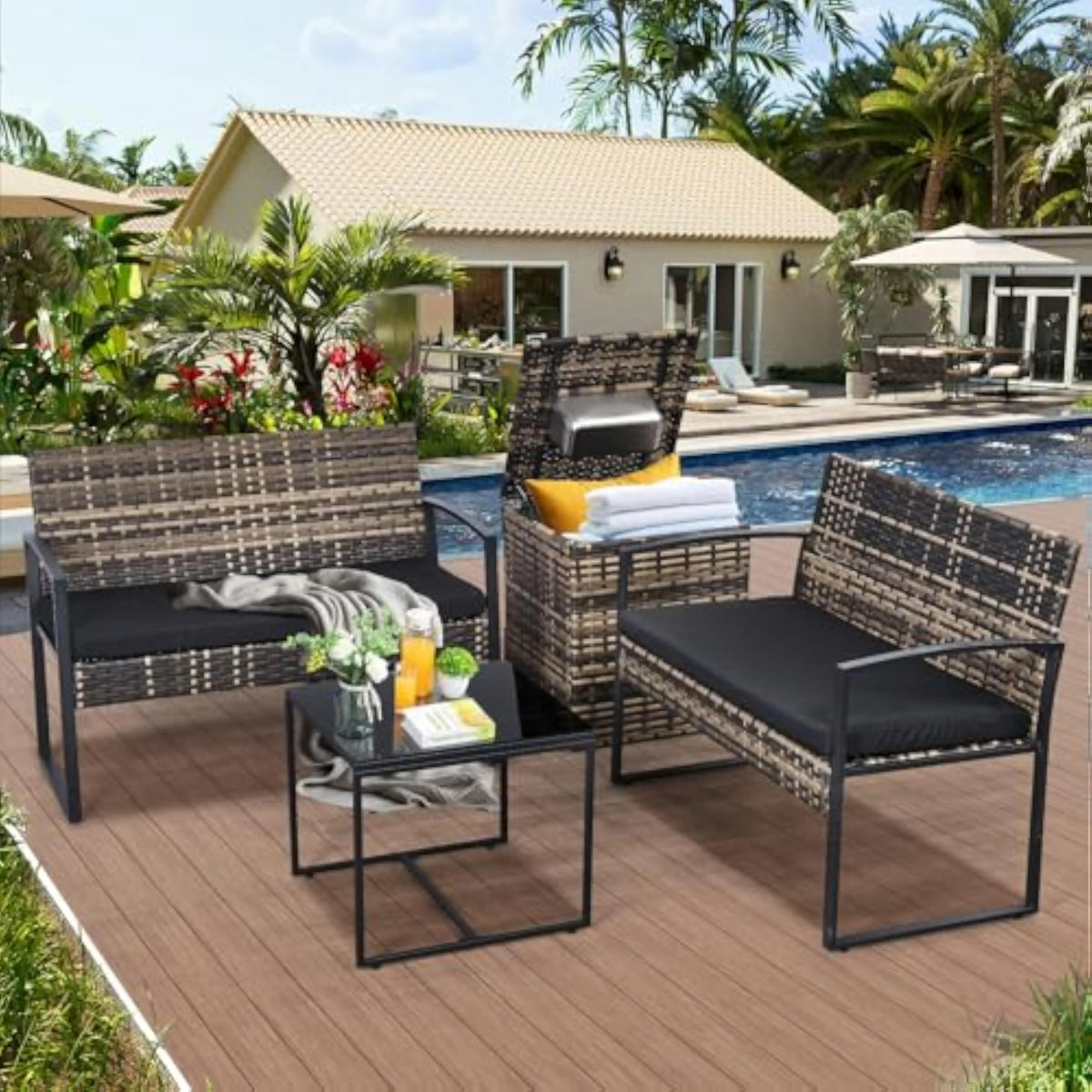 Outdoor Patio Furniture Set w/Built-in Beverage Cooler Storage Box & Coffee Table for Outside for Balcony