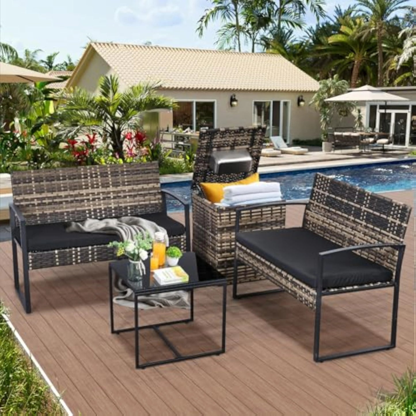 Outdoor Patio Furniture Set w/Built-in Beverage Cooler Storage Box & Coffee Table for Outside for Balcony