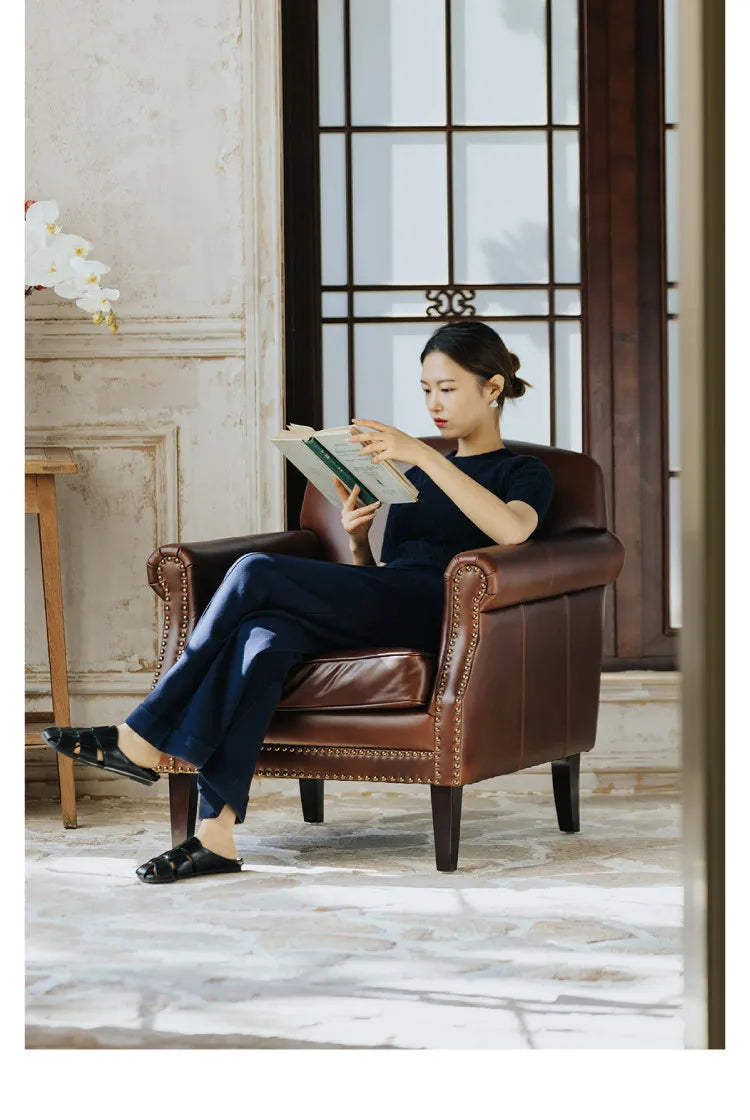 Retro oil wax leather leisure chair medieval living room tiger chair American single chair