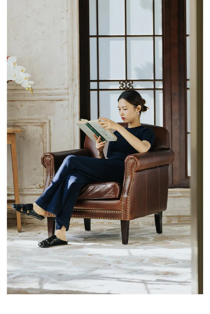 Retro oil wax leather leisure chair medieval living room tiger chair American single chair