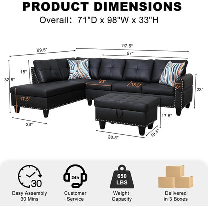 modern 4-seaters living room furniture sets with chaise lounge, ottoman & 2 pillows | l shape couch