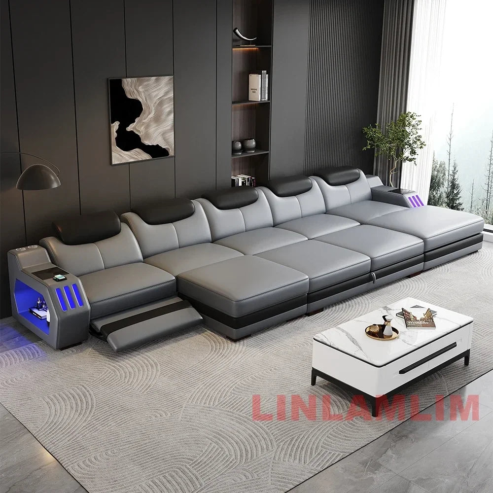Modern Genuine Leather Massage Sectional Sofa Bed with Adjustable Headrests & LED Lights, Recliner Couch Set with Storage & USB