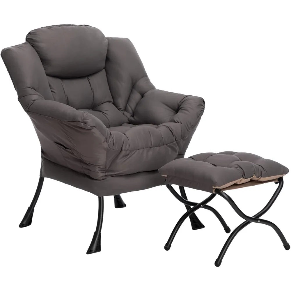 Fabric Lazy Chair with Foldable Ottoman, Accent Comfy Lounge Arm Chair and Folding Footrest Stool Set, Leisure Sofa Reading Cha