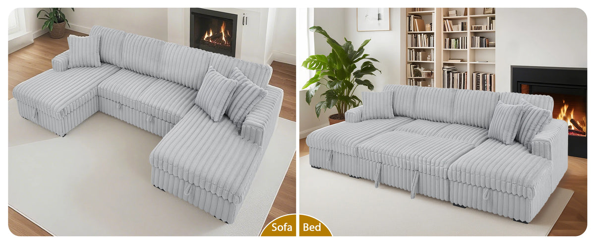 TODRANI 122 inch Overisze U Shaped Sleeper Sofa Pull Out Bed, Sleeper Sofa with Double Storage Chaise for Living Room
