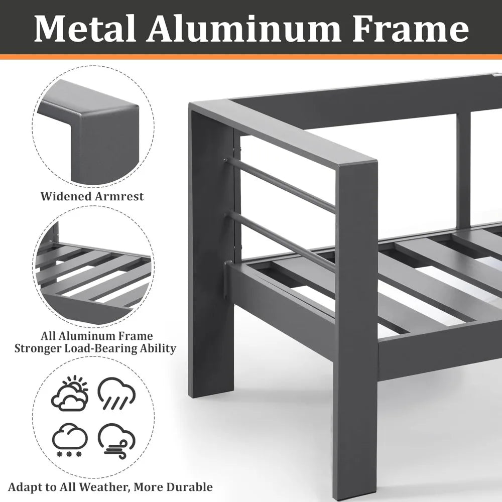 Outdoor Couch Aluminum Patio Furniture Sofa, 3 Seat All-Weather Metal Patio Couch with 5