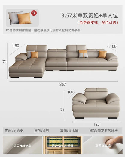 Nordic leather sofa with cowhide top layer, simple modern size, living room, Italian minimalist cream style leather sofa