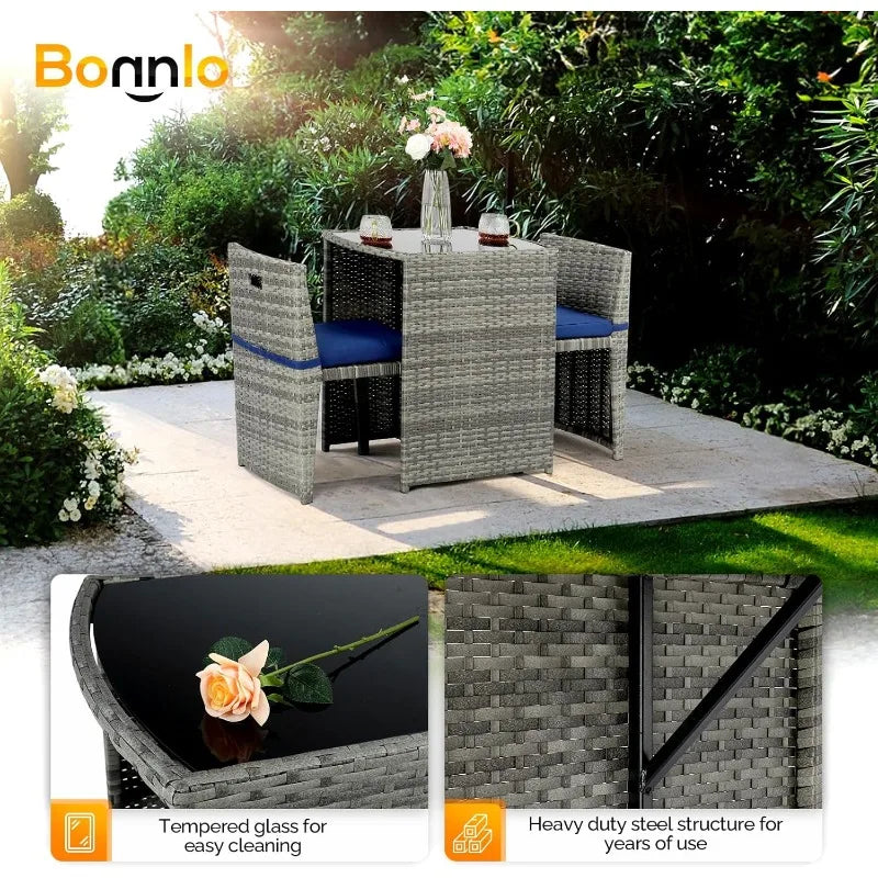 3 PCS Wicker Outdoor Patio Bistro Set, Patio Furniture Set for Small Space with Glass Top Table Dining Chairs, Balcony Fu