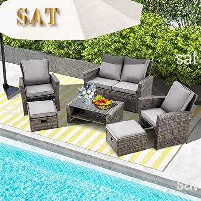 #For 6 Piece Patio Furniture Set, Outdoor Sectional Conversation Rattan Sofa Set w/Ottoman&Storage Table for Garden, Porch, Back