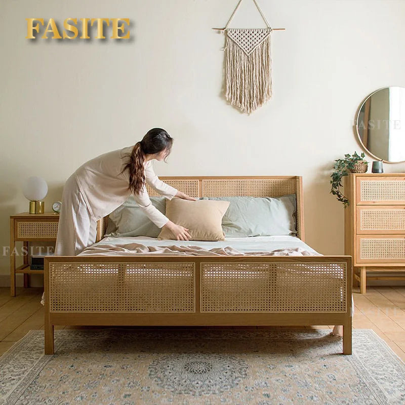 Vine Weaving Bed Japanese Solid Wood Bed Small Family Homestay White Wax Wood Main Bedding 1.51.8m Household Simple Vine Art Bed