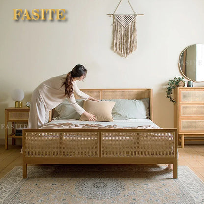 Vine Weaving Bed Japanese Solid Wood Bed Small Family Homestay White Wax Wood Main Bedding 1.51.8m Household Simple Vine Art Bed