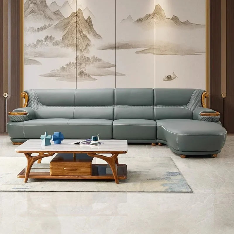 Modern simple ebony leather sofa new Chinese living room size apartment solid wood first layer cowhide new combination