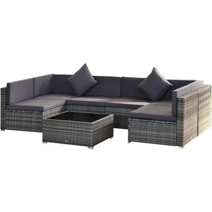 # l 7-piece outdoor furniture set, wicker dialogue set, all-weather rattan combination set, with cushion and tempered glass tabl