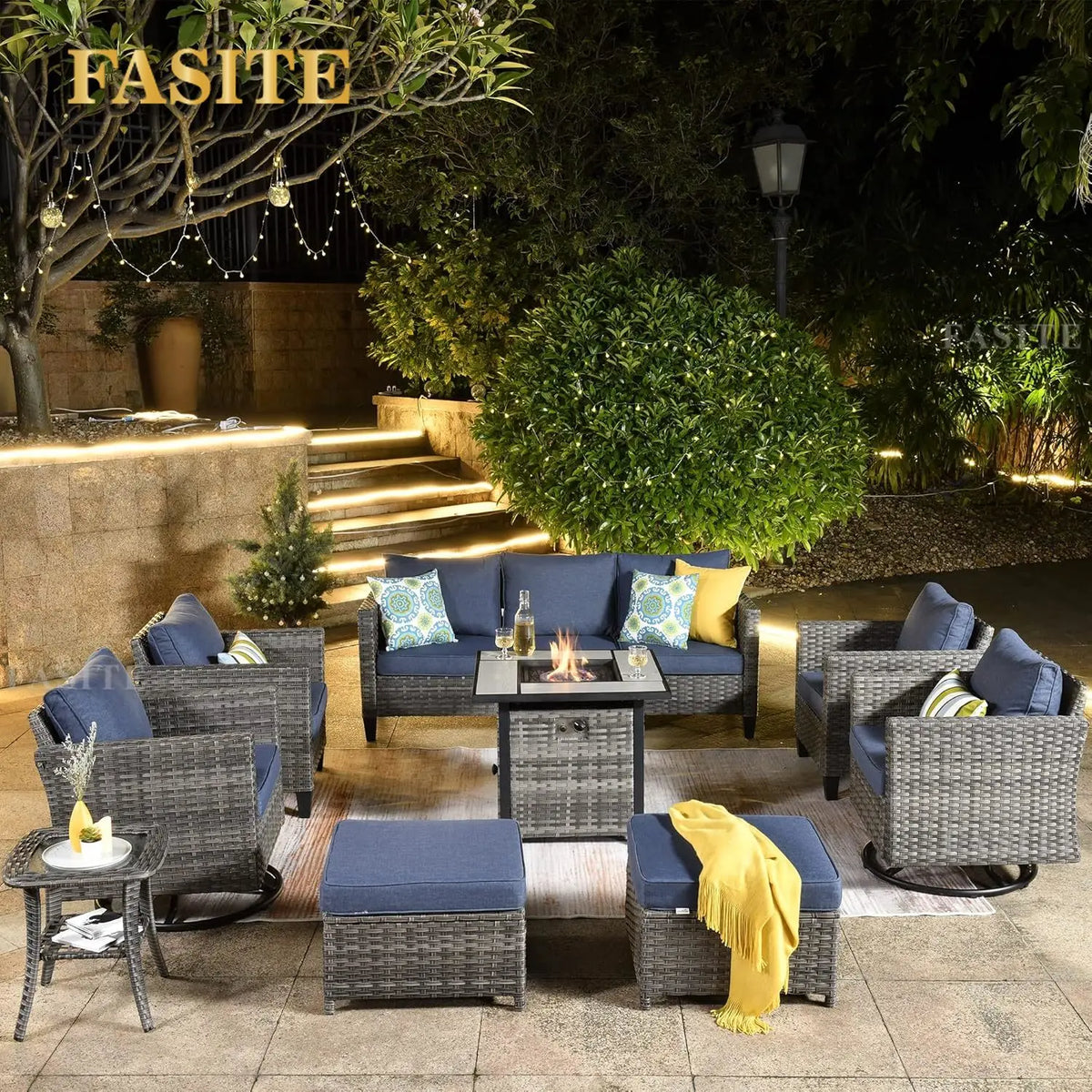 Patio Furniture Set with Fire Pit Table, Outdoor WickerSofa with Comfy Cushion, High Back Rattanfor Garden Backyard