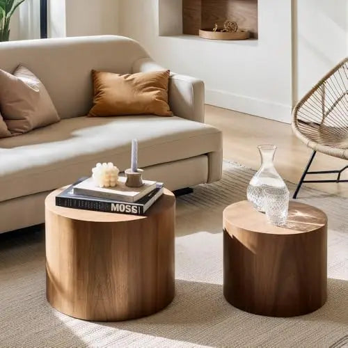 Nesting Coffee Table Set of 2, Modern Round Walnut Wooden Tables for Small Spaces