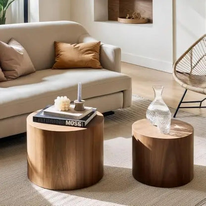 Nesting Coffee Table Set of 2, Modern Round Walnut Wooden Tables for Small Spaces
