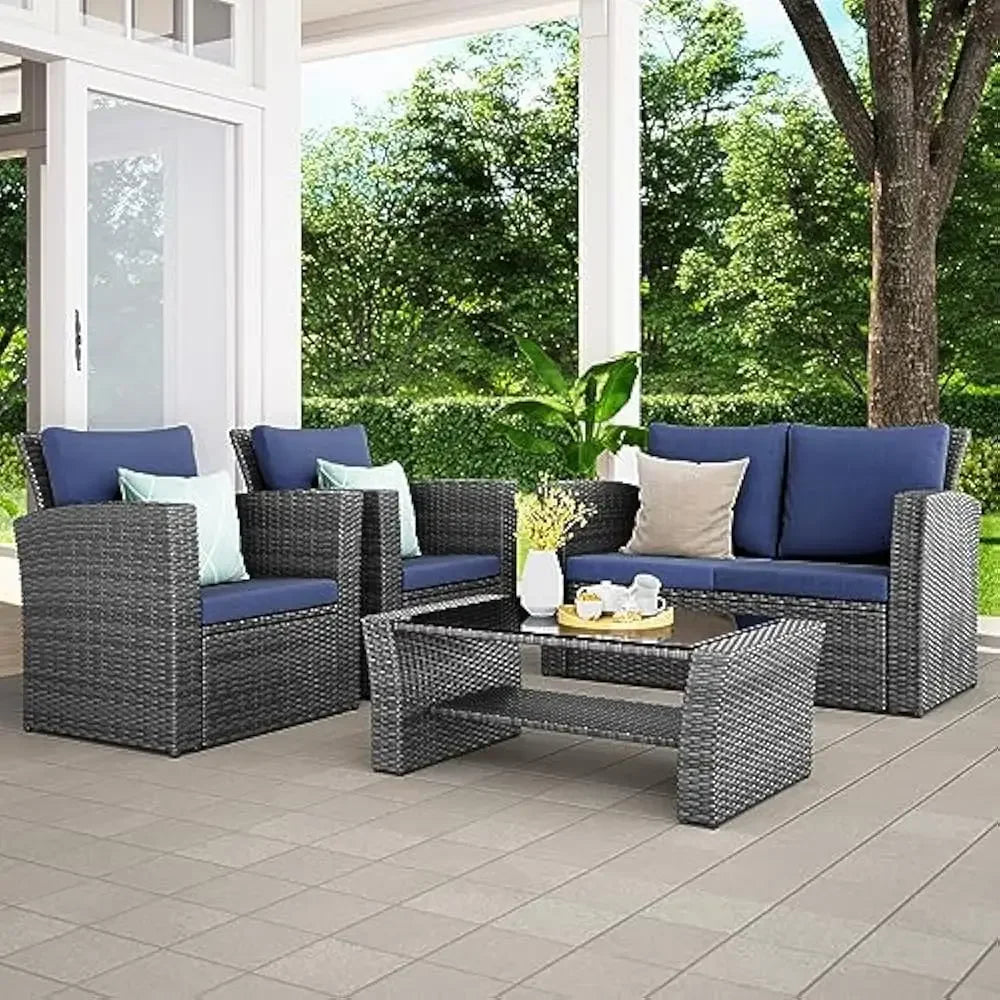 4 Piece Patio Furniture Set, Wicker Outdoor Patios Conversation Furniture Set, Outdoor Patio Sofa with Cushion and Glass Table