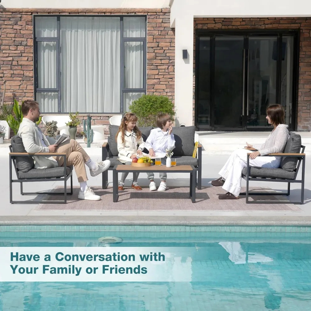 4-Piece Outdoor Patio Furniture Set with Metal Conversation Area and Washable Cushions