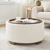 30 Inch Round Storage Ottoman Coffee Table, Modern Boucle with Lift-Off Lid & Solid Wood Legs, Beige