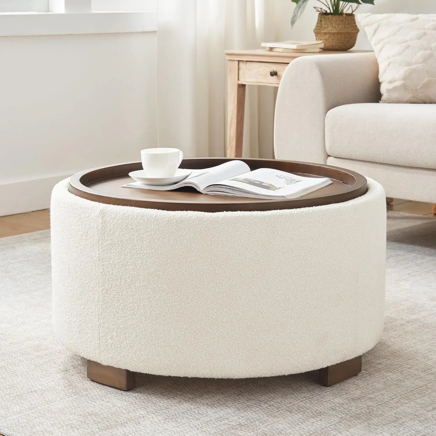 30 Inch Round Storage Ottoman Coffee Table, Modern Boucle with Lift-Off Lid & Solid Wood Legs, Beige