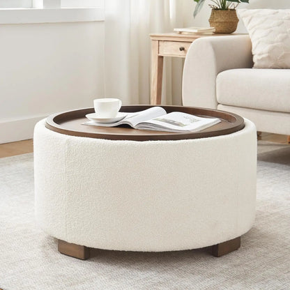 30 Inch Round Storage Ottoman Coffee Table, Modern Boucle with Lift-Off Lid & Solid Wood Legs, Beige