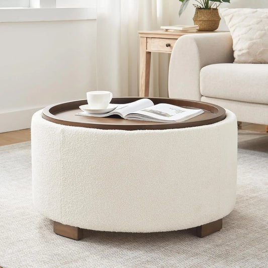 30 Inch Round Storage Ottoman Coffee Table, Modern Boucle with Lift-Off Lid & Solid Wood Legs, Beige