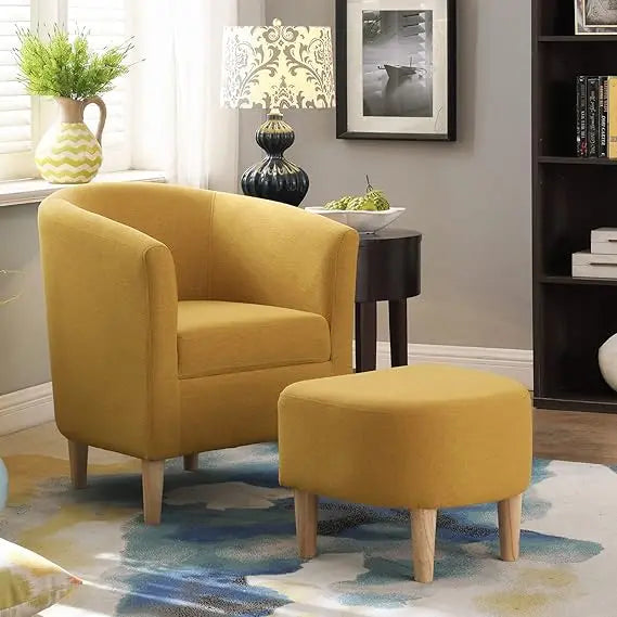 Leather Chair, Accent Chair Mid Century Modern with Ottoman Faux Barrel Comfy Armchair Upholstered Club Tub Round Arms for Livin
