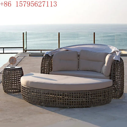 Outdoor leisure rattan sofa queen bed rough rattan recliner round bed combination with canopy round rattan awning lying outside