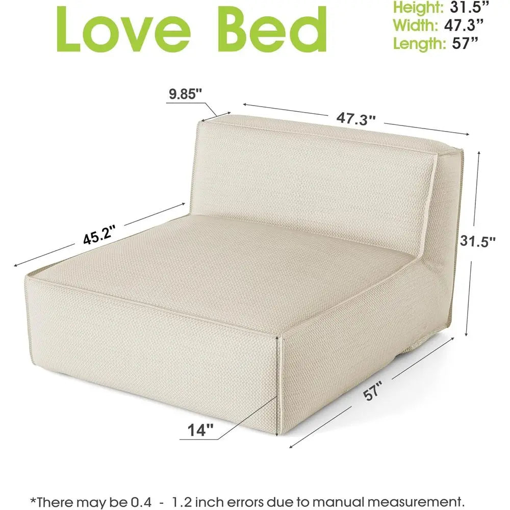 Large Outdoor Bean Bag Loveseat for Adults - Light Beige, 57 Sun Lounger, Comfortable Patio Pool Chaise