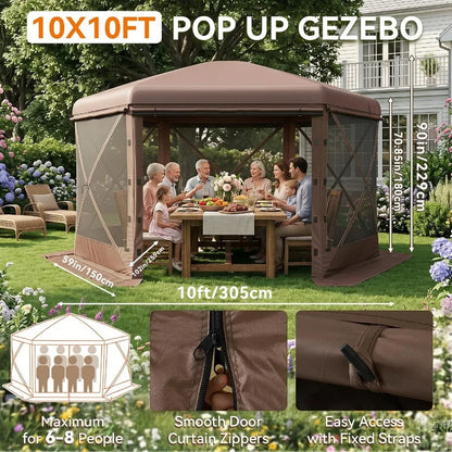 Feet Canopy Tent, 6-Sided Gazebo with Detachable Top, Portable Camping Shelter with Mesh Windows, Screen House for Outdoor Pati