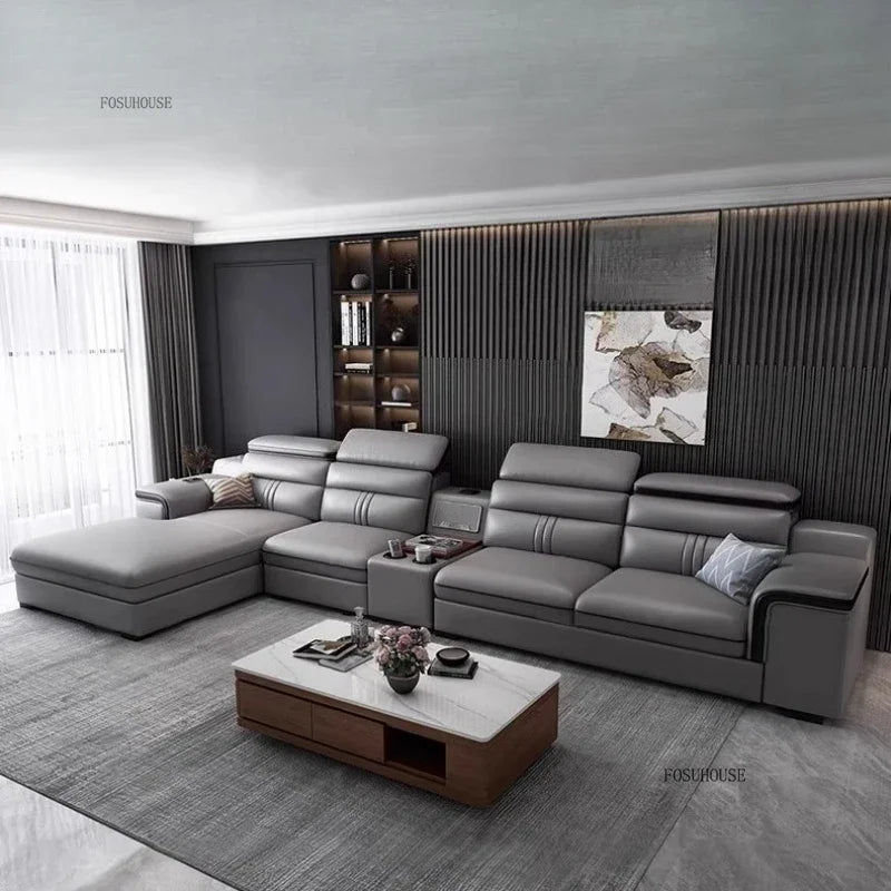 Modern Large Apartment Chaise Leather Sofa Combination Set Light Luxury Living Room Sofas Creative Office Comfortable Large Sofa
