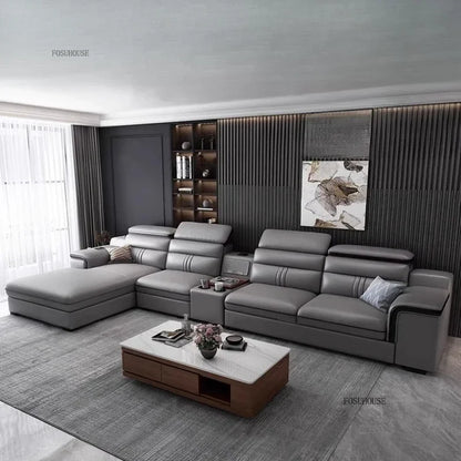 Modern Large Apartment Chaise Leather Sofa Combination Set Light Luxury Living Room Sofas Creative Office Comfortable Large Sofa