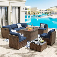 8 Pieces Outdoor Furniture Sectional Rattan Sofa with Fire Pit Table, Patio Couch with Glass Coffee Table for Backyard Garden