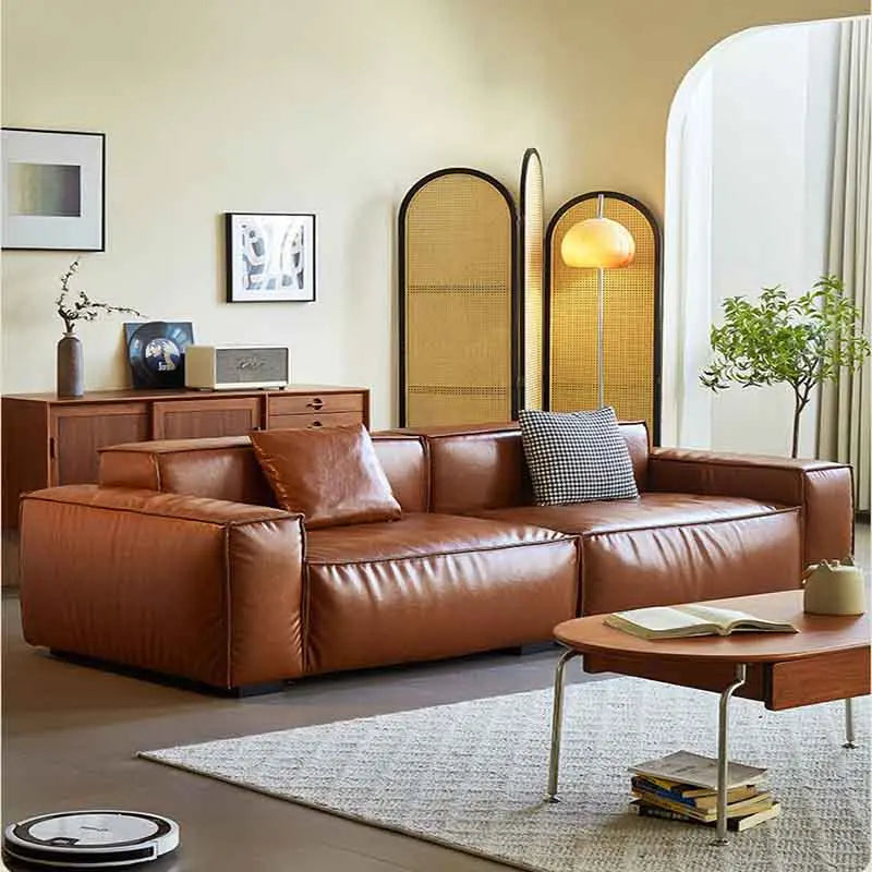 French Vintage Three-Person Genuine Leather Sofa Set in Ancient Caramel Tone for Small Living Rooms or Apartments