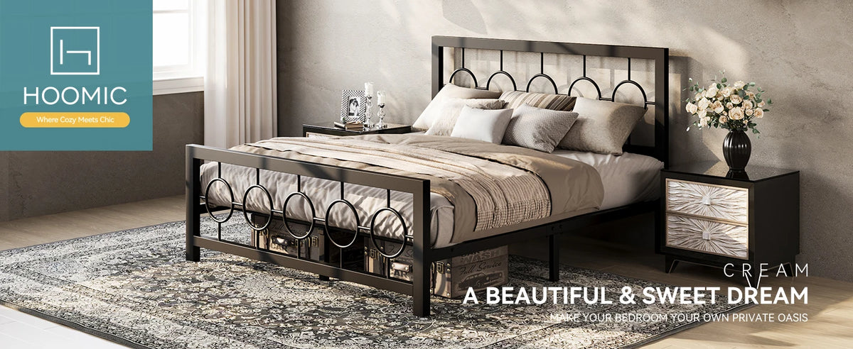 HOOMIC Metal Platform Bed Frame with Vintage Circular Design Headboard and Footboard, Extra Under-Bed Storage Allewie