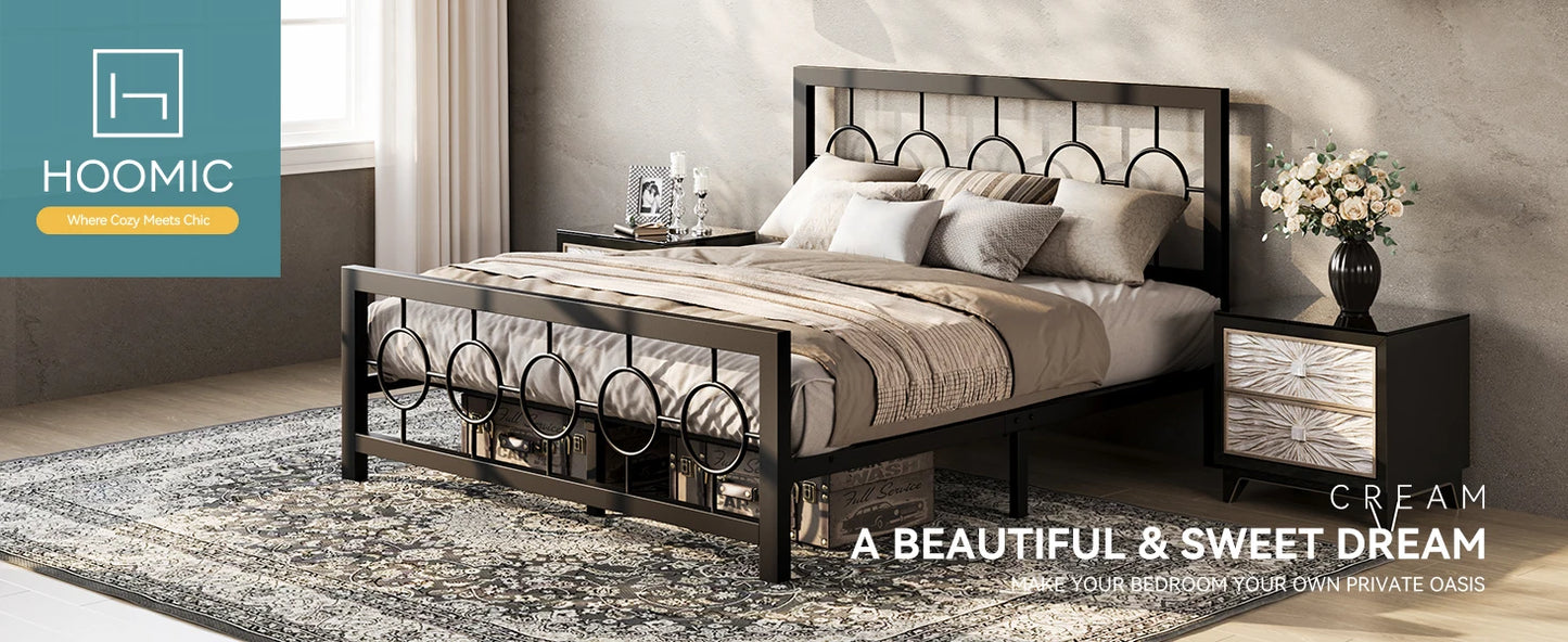 HOOMIC Metal Platform Bed Frame with Vintage Circular Design Headboard and Footboard, Extra Under-Bed Storage Allewie