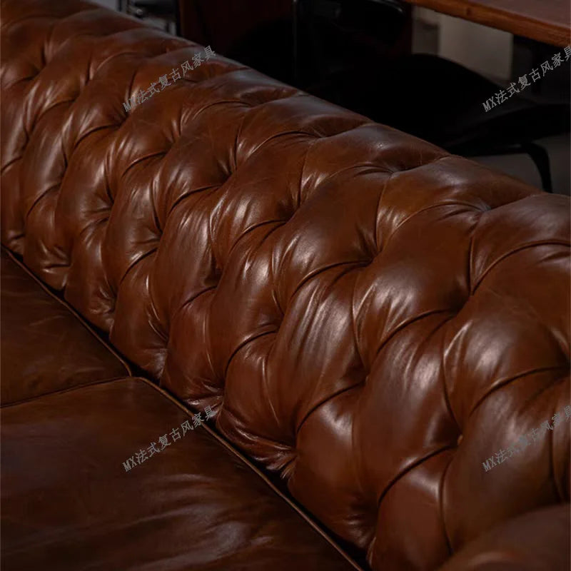 French vintage style button-tufted sofa, classic American cigar bar Burton sofa, mid-century whiskey straight-line sofa